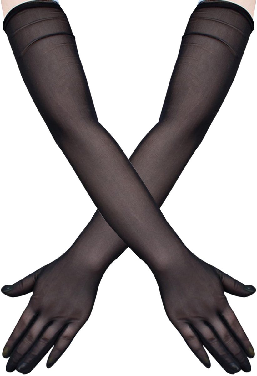 Allecto - Dames tule handschoenen - Lange mesh-handschoenen - Zwart - Retro ellebooglengte - Perfect voor Halloween - Feesthandschoenen voor dames