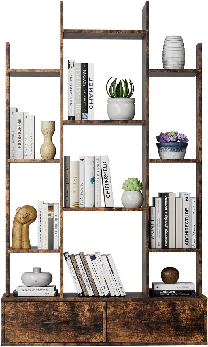 Merax Boekenkast Industrieel - Open Kast met 12 Vakken en 2 Lades - Boomvorm Design - Displaykast - Vintage Bruin 86x24x140 cm