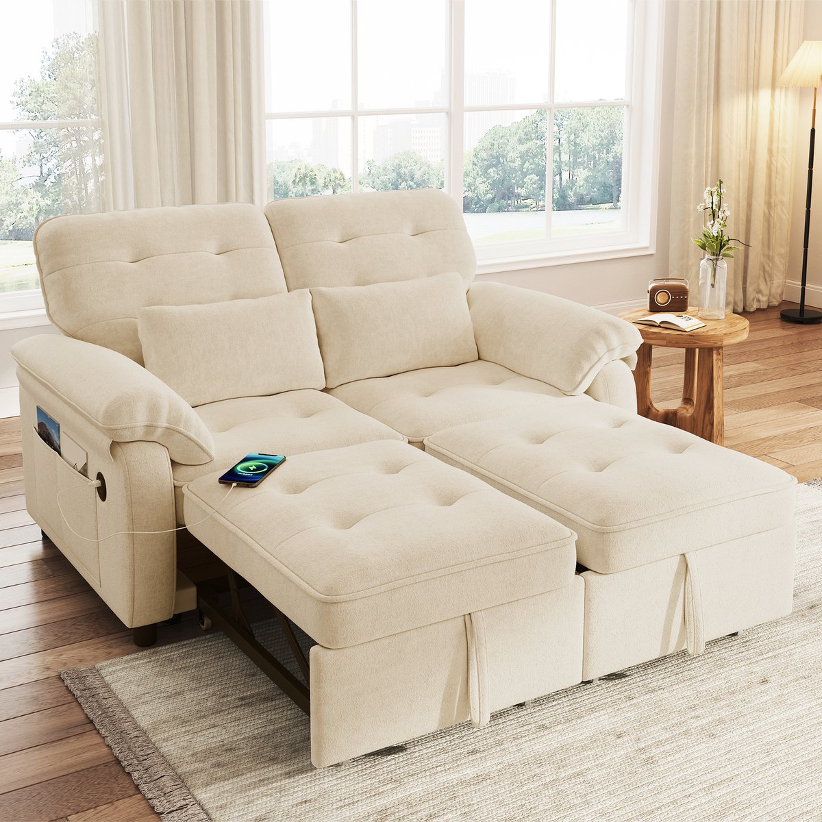 MODFU - Slaapbank - 3-in-1 Uitschuifbaar - Verstelbare Rugleuning - Met USB-Aansluiting - Chenille - Beige - 142 x 90 x 86,5 cm