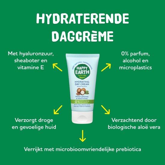 Groene achtergrond met informatie over "Happy Earth Hydraterende Dagcrème", met pijlen die wijzen naar de tube.