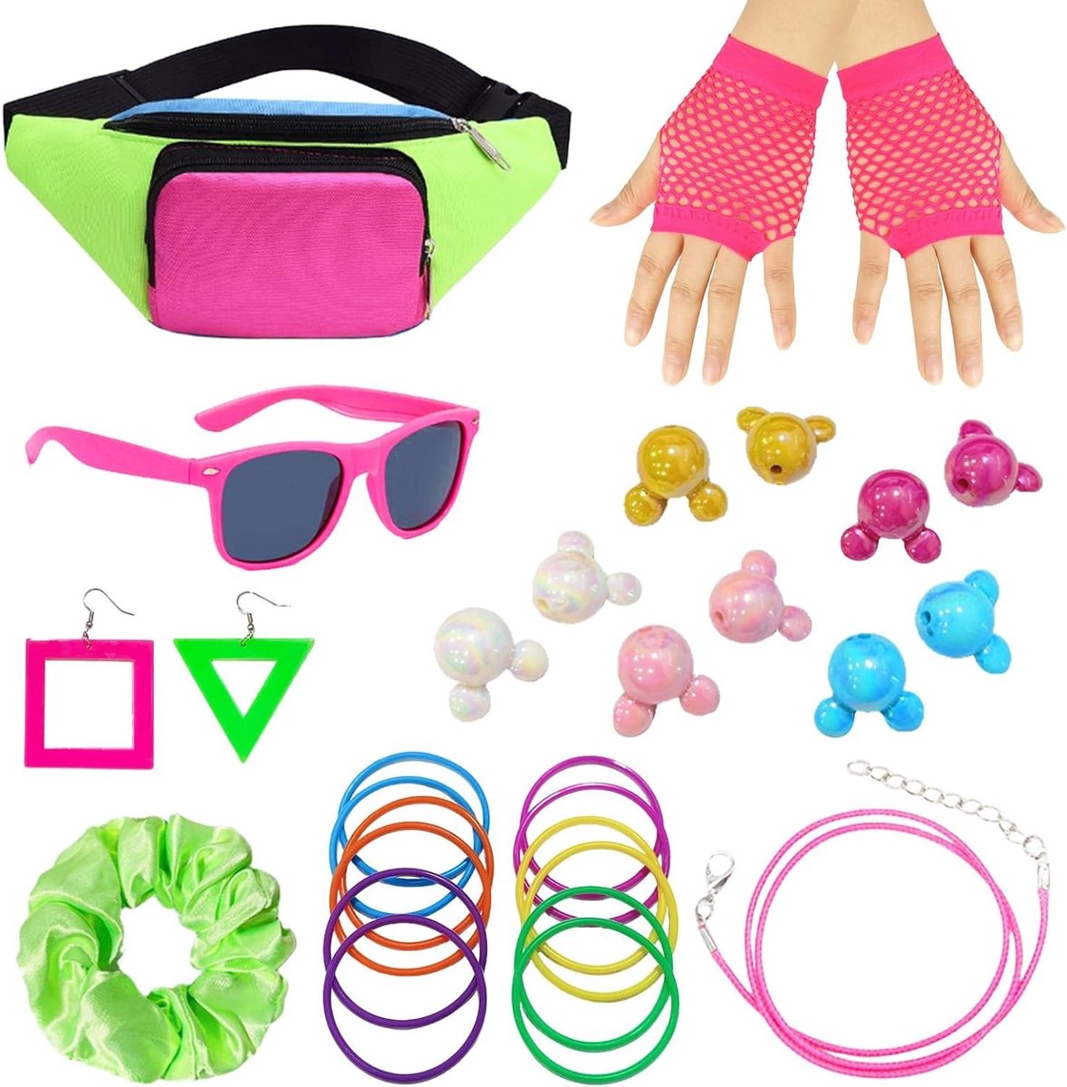 30-delige retro accessoires voor dames, hip hop kostuum voor feesten, met verstelbare heuptas, oorbellen, zonnebril, armband en glow ring voor een vintage look