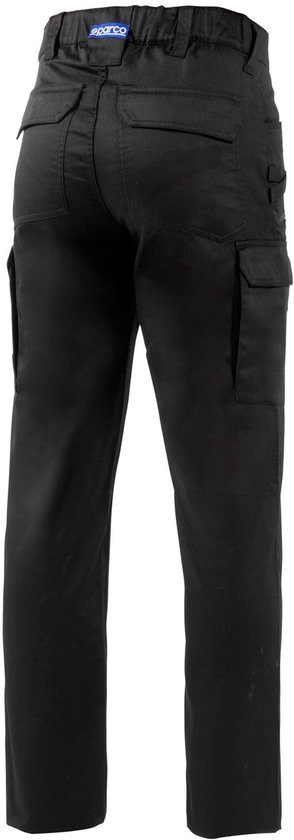 Pantalon de travail noir avec plusieurs poches et une étiquette bleue 'SPARCO' à l'arrière.