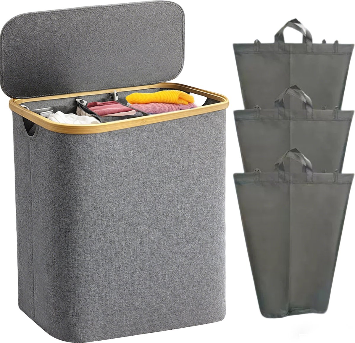 Wasmand - Wasmand 3 vakken - Wasmand met deksel - Groot volume 160 liter - Wassorteerder - Opvouwbaar - Verdeelde opbergmand - Geschikt voor slaapkamer, wasruimte, kast, badkamer en studentenkamer - Grijs