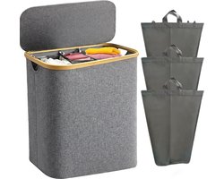 Wasmand - Wasmand 3 vakken - Wasmand met deksel - Groot volume 160 liter - Wassorteerder - Opvouwbaar - Verdeelde opbergmand - Geschikt voor slaapkamer, wasruimte, kast, badkamer en studentenkamer - Grijs