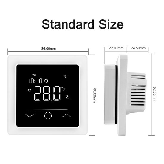 Witte slimme thermostaat met zwart display, toont tijd, temperatuur (28.0°C) en symbolen. Afmetingen 86x86mm.