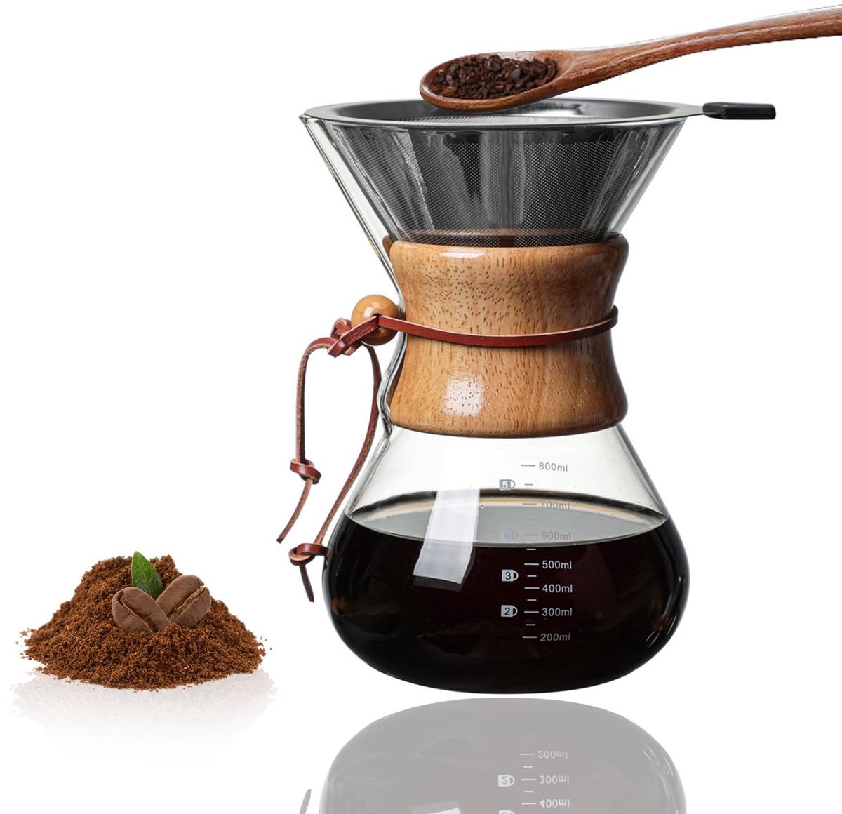 Dailygoody - Koffiezetapparaat - 800 ml - Glazen koffiezetter met houten hals - Permanente filter - Geschikt voor thuisgebruik - Bruin