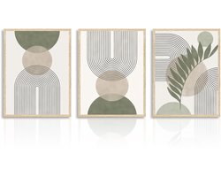 Boho Abstracte Wanddecoratie Poster - Minimalistisch - Set van 3 - Saliegroen en Beige
