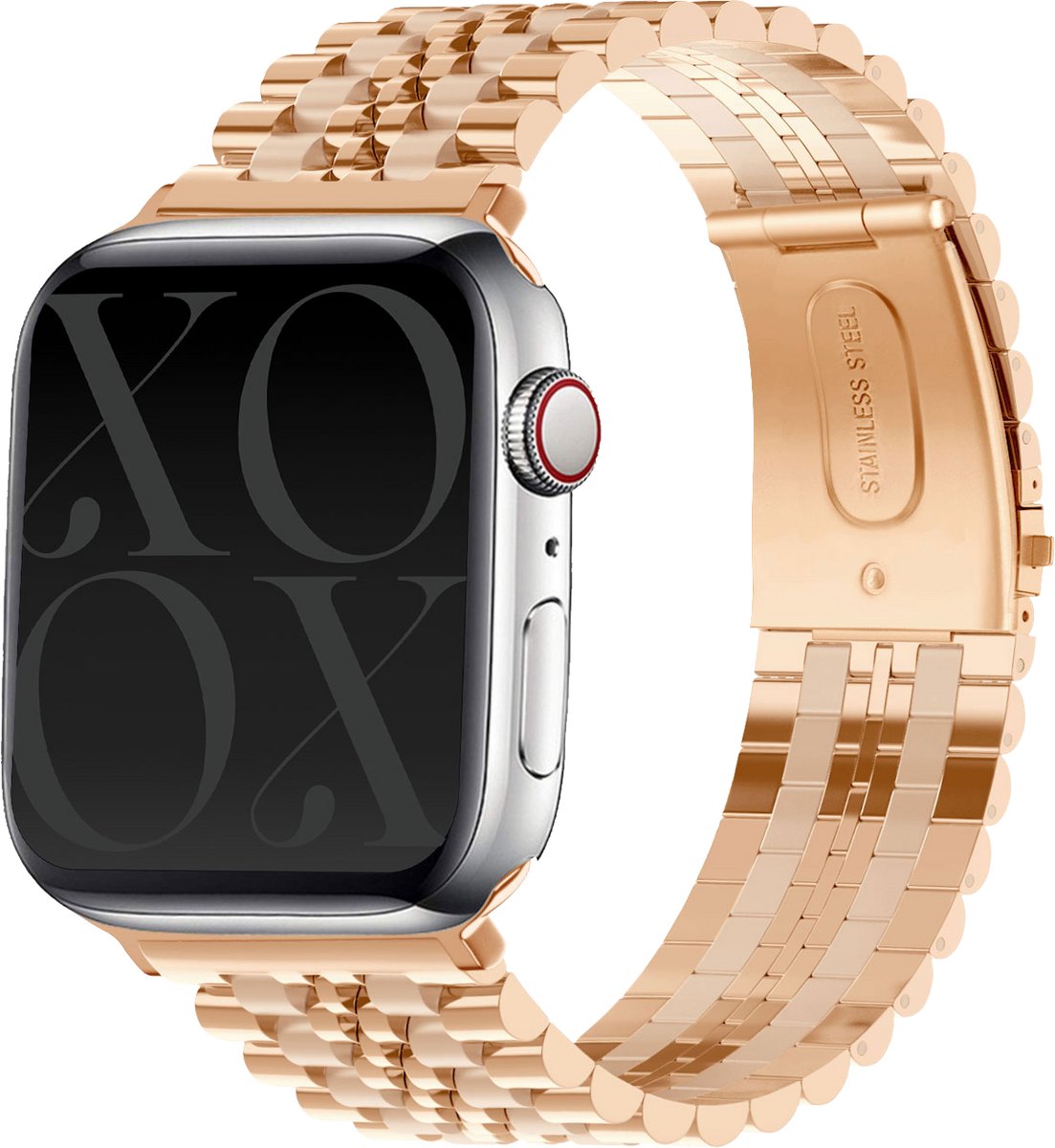 xoxo Wildhearts stalen bandje - Geschikt voor Apple Watch - Series 1/2/3/4/5/6/7/8/9/10/SE - Maat: 38 mm / 40 mm / 41 mm / 42 mm - Hoogwaardig RVS Staal - Horlogeband - incl. horloge inkorter - Rosé Goud