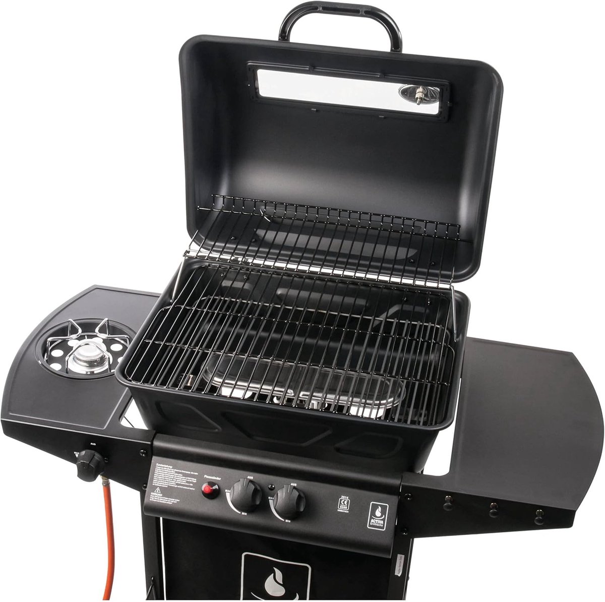 Gasbarbecue Lavasteen Grillwagen – House&Garden Halifax Premium 5,5 kW + 2,5 kW Zijbrander BBQ met Kijkvenster, Thermometer, Lavastenen, Warmhoudrooster, Opbergrek & RVS Constructie – Outdoor Gas Grill voor Tuin en Balkon