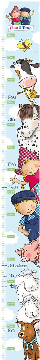 Fien en Teun Groeimeter Muursticker - Dieren - 160x17cm - Blauw