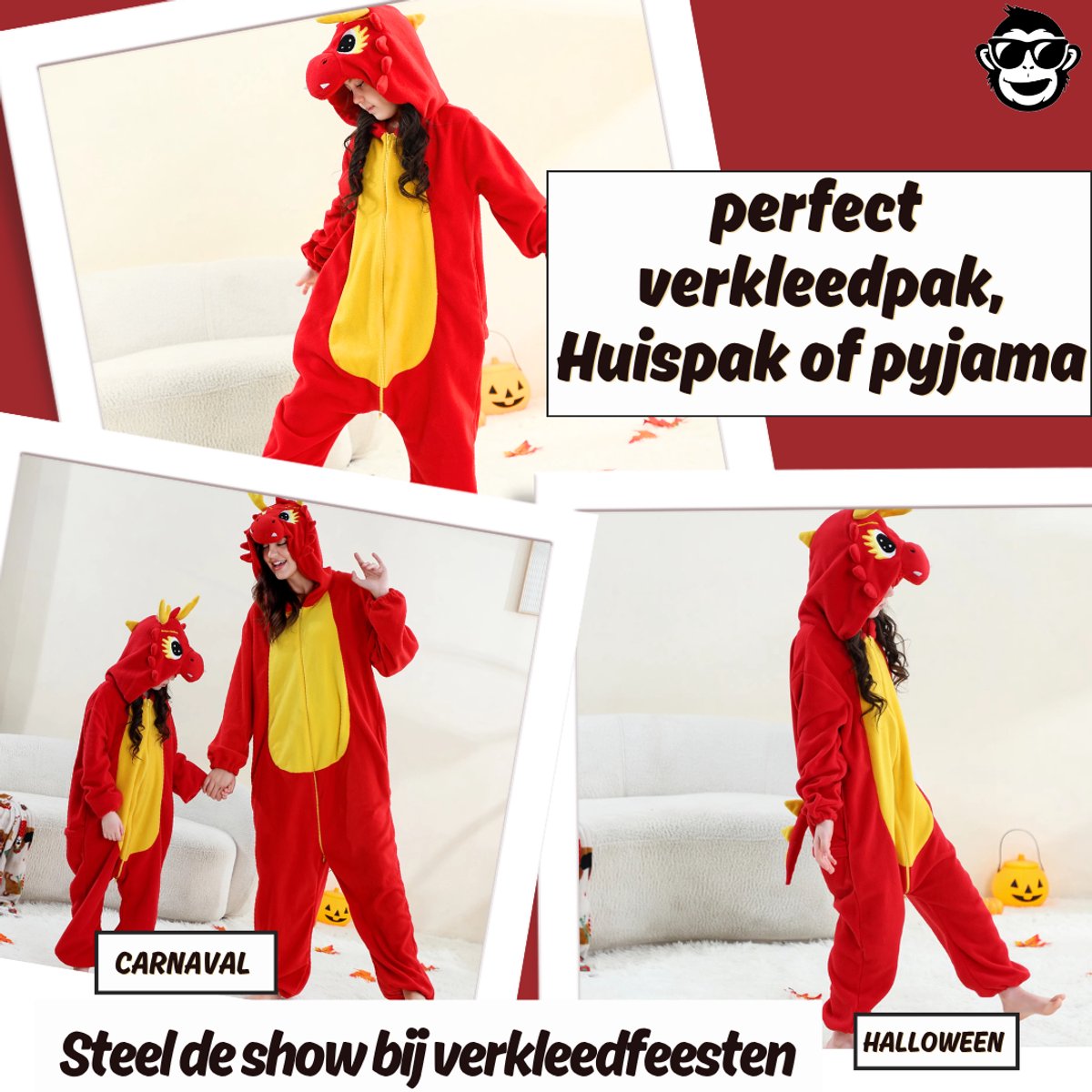 BoefieBoef Dieren Onesie Chinese Draak voor Kinderen 5-8 Jaar – Pyjama Dieren Verkleedpak – Warme Flanel Jumpsuit met Capuchon – Knuffelpak & Huispak – Zwemles – Carnaval, Halloween & Sinterklaas Cadeau – Jongens & Meisjes - Rood Geel — afbeelding 4