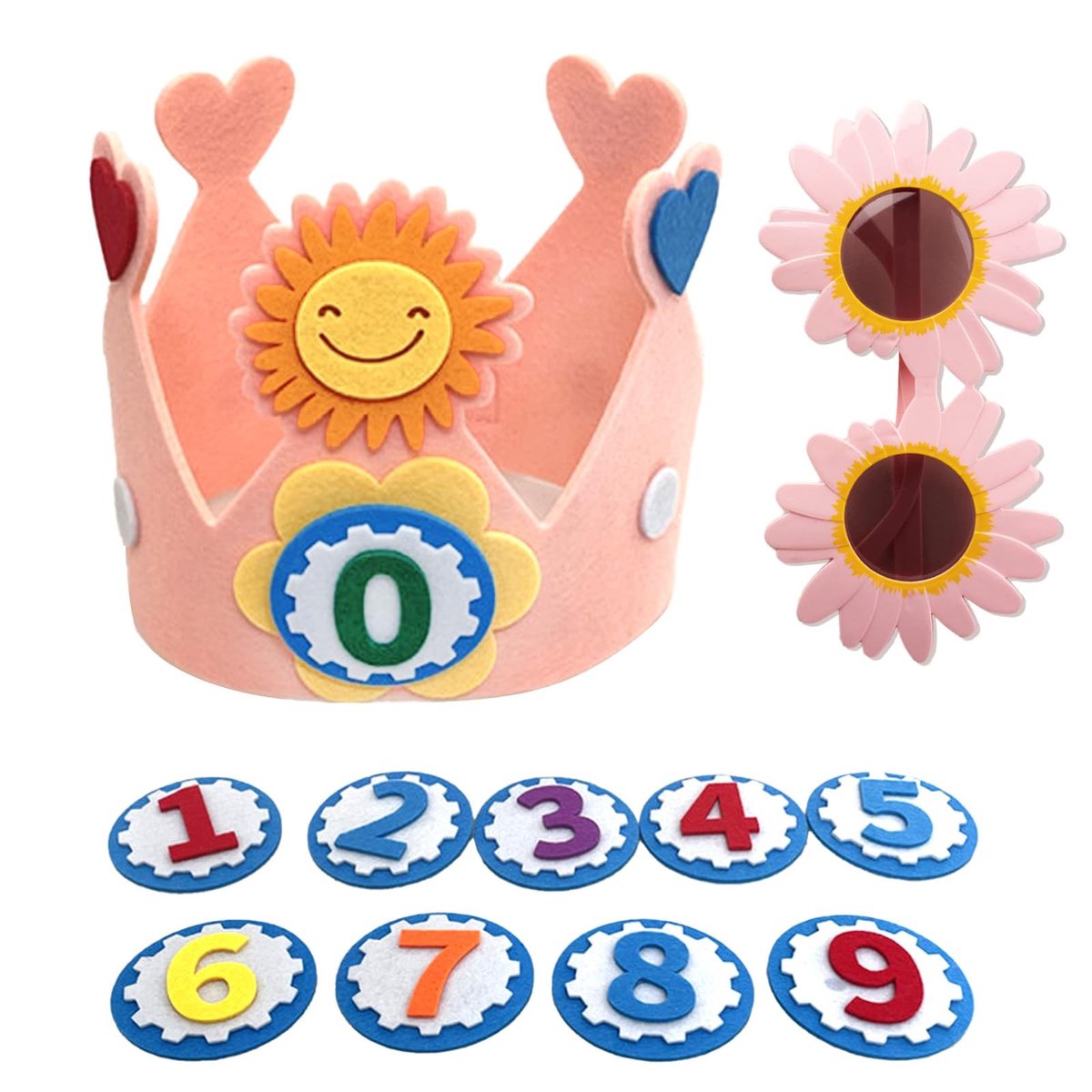 KASESSS Verjaardagscrown en Zonnebril voor Kinderen - Interchangeable Nummers, Verstelbare Hoed voor Feestjes
