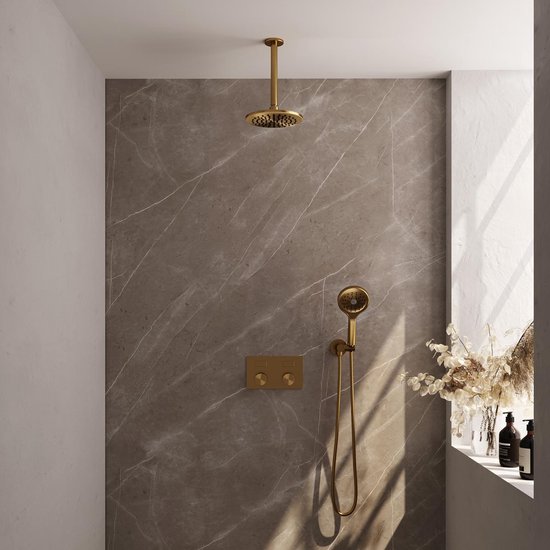 Xcel Home Ronde Bar Douche Bevestigingsset met 3/4 Aansluitingen - Messing Geborsteld Goud Afwerking, Wandmontage voor Blootgestelde Douchekleppen