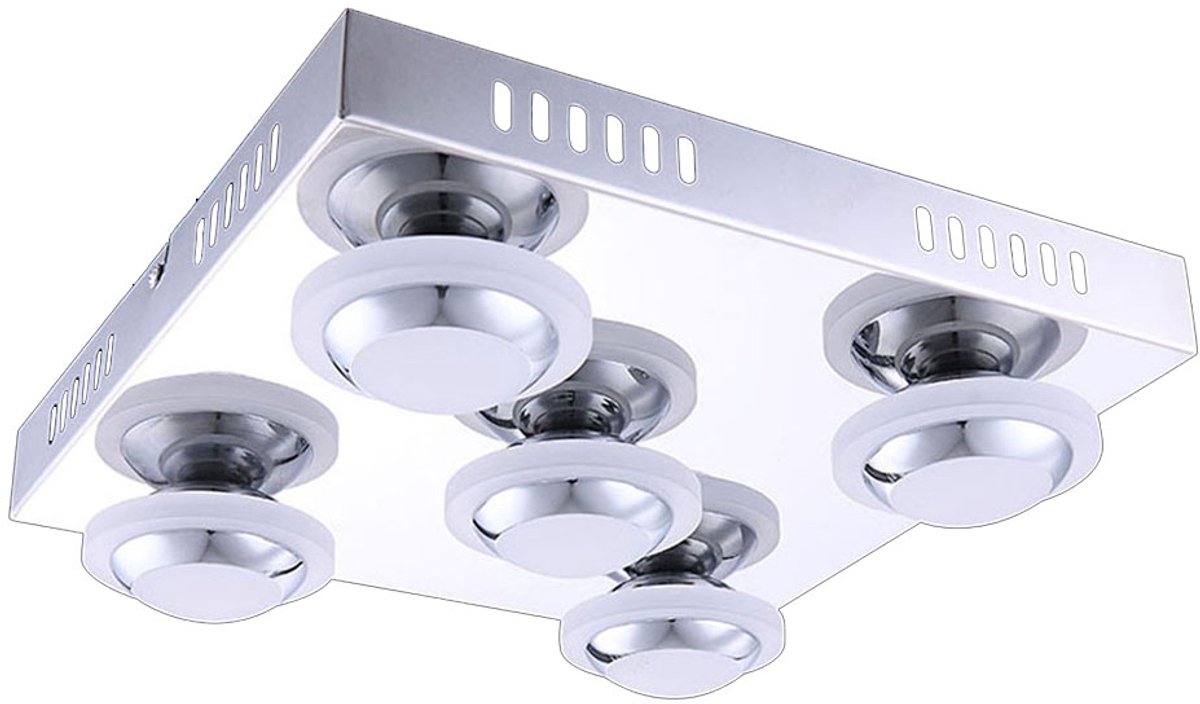 Plafondlamp chroom woonkamerlamp plafondlamp metaal, 5x LED 4,5W 400Lm warm wit, LxBxH 30x30x9 cm