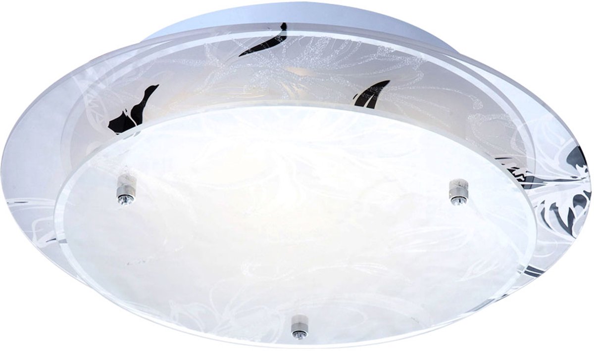 Glazen plafondlamp rond E27 keukenlamp moderne woonkamerlamp chroom, bloemdecor wit, DxH 25x9,5 cm