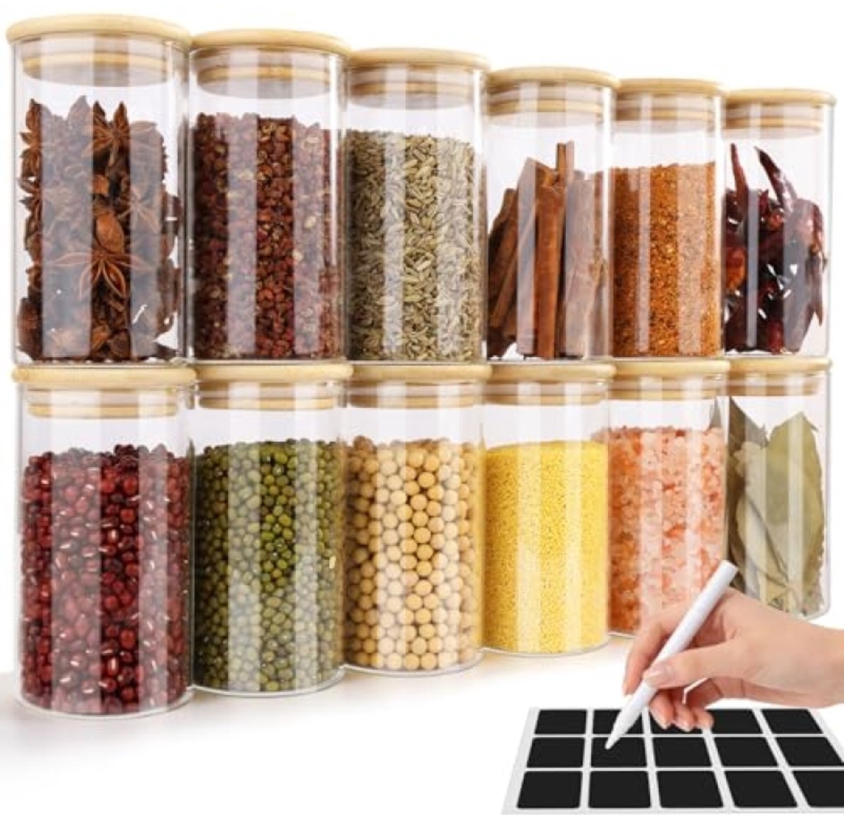 PromoHome 12x 300 ml kruidenpotjes met bamboedeksel – glazen potjes voor kruiden en thee – vaatwasmachinebestendig