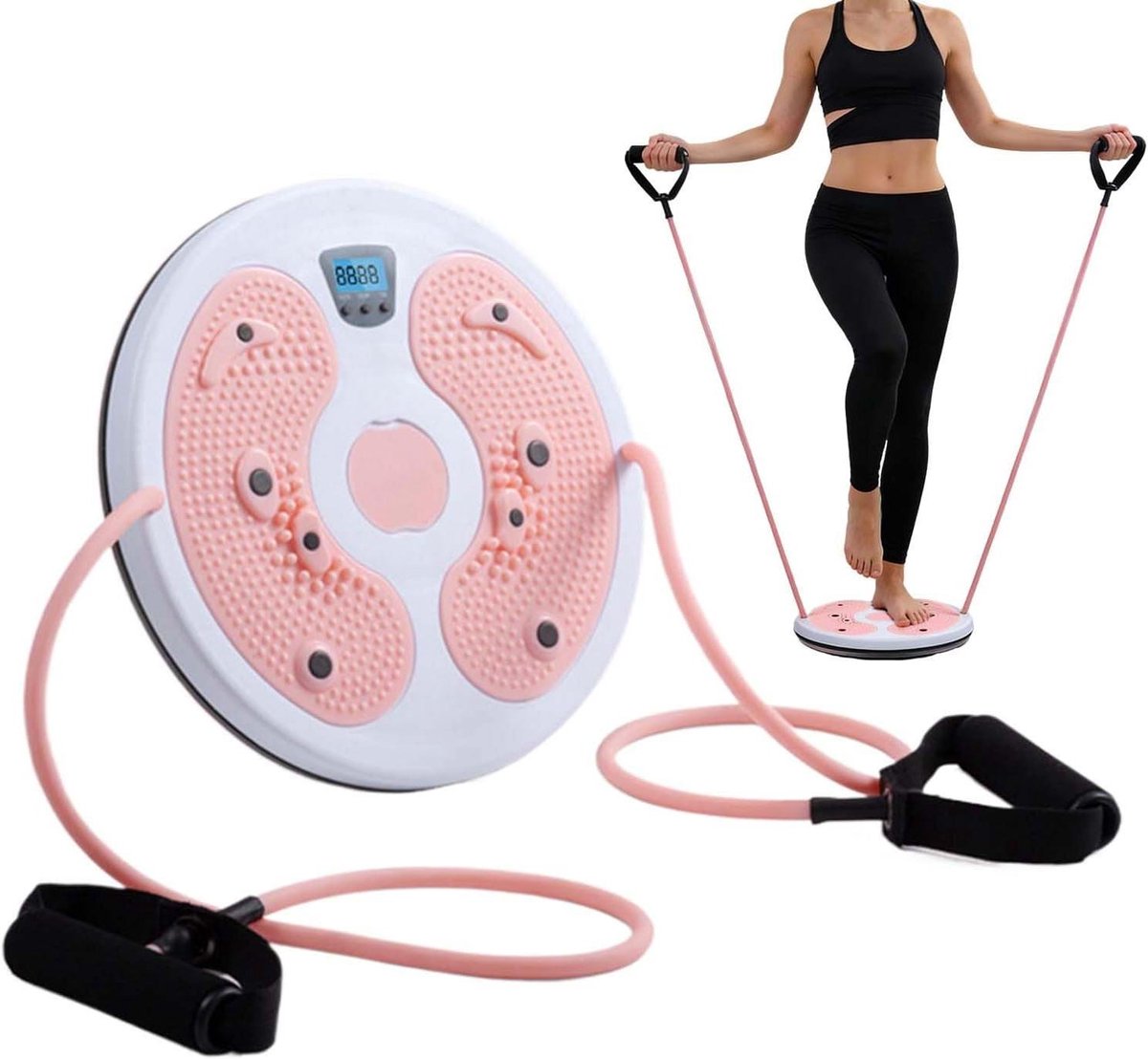 Buikspiertrainer Schijf - Draaischijf Twist - Thuis Fitness - Met Digitale Teller - 28 cm Diameter - Roze en Wit