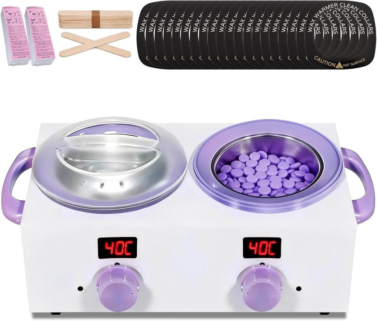 Dubbele Waxverwarmer - Harsverwarmer Set - Harsen Ontharen - Elektronisch Display - 2x 500ml Pot - Wit Paars