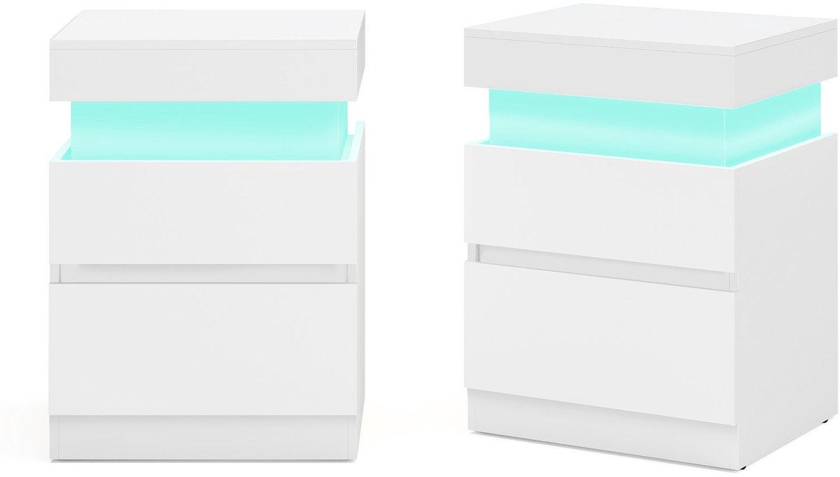 Bijzettafel met oplaadstation - 2 stuks - Spaanplaat - Nachtkastje met lades - Met ledverlichting