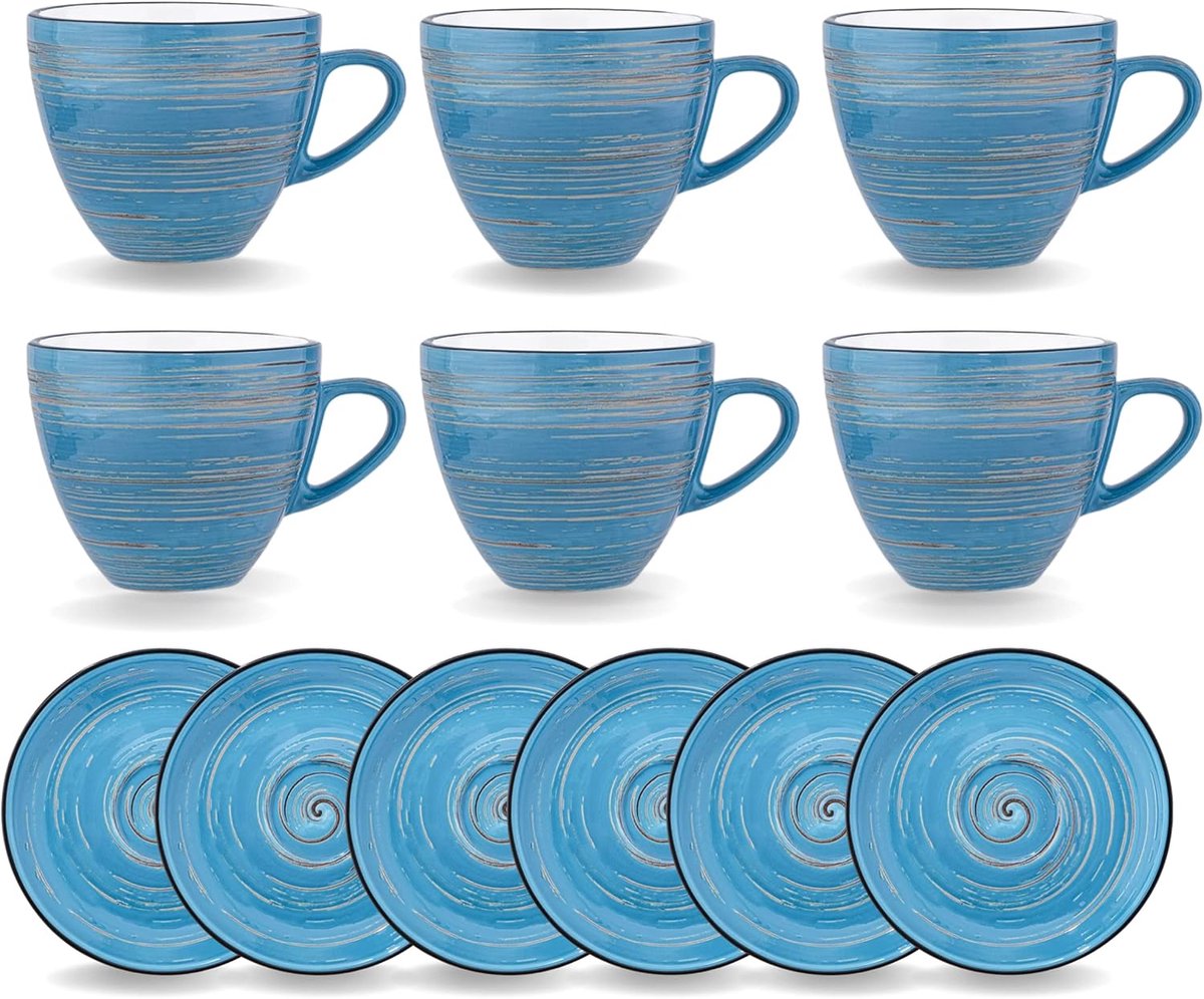 Wilmax England Spiral Kop en Schotel Set - 6 Stuks - Fine Porcelain - 190 ml - Blauw
