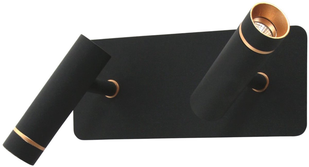 Wandlamp Lumo 4851ZW - Draaibaar en kantelbaar, zwarte wandspot van metaal met subtiele goudaccenten - Mexlite - 2 lichts, warm wit licht 2700K