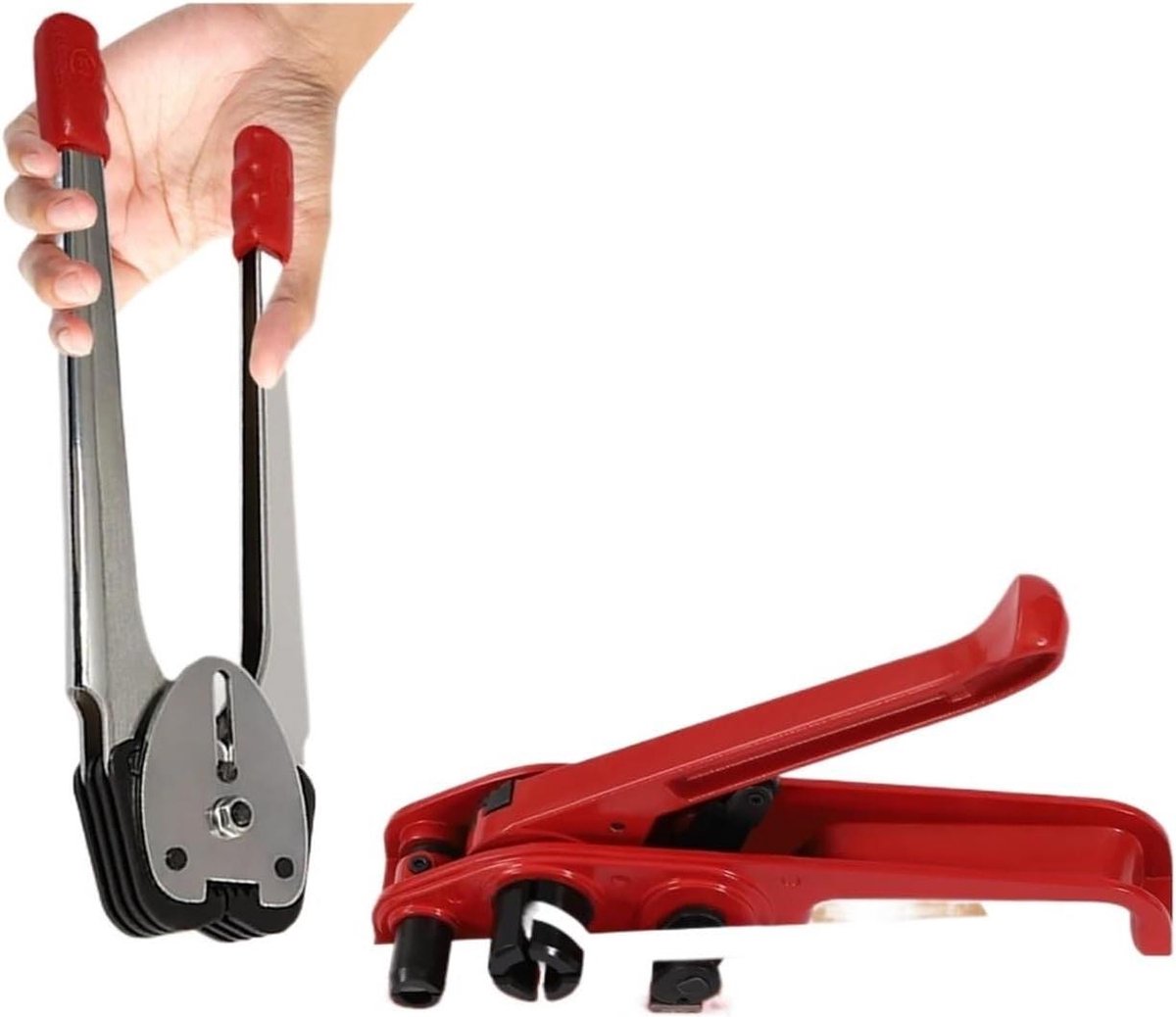 Verpakkingsmachine omsnoeringsset - Bandspanner sealer - Zware pakketten bundelen - 1000N spankracht - 12-16 mm banden - Rood Zilver