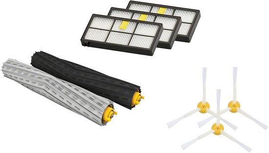Vervangingsonderdelen voor iRobot Roomba 981: twee borstels, drie filters en drie zijborstels.