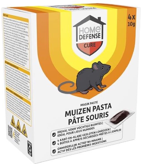 Doos muizenpasta met een huislogo, een grijze muis en "Home Defense Cure Magik Paste". 4x 10g.