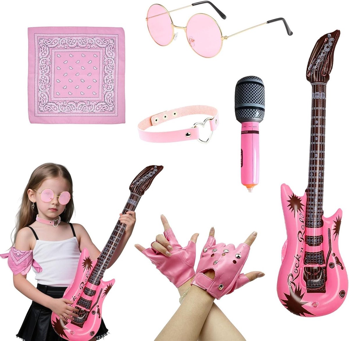 Punk Rock Kostuum voor Kinderen met Handschoenen, Zonnebril, Bandana en Opblaasbare Gitaar voor Feestjes en Verkleedpartijen