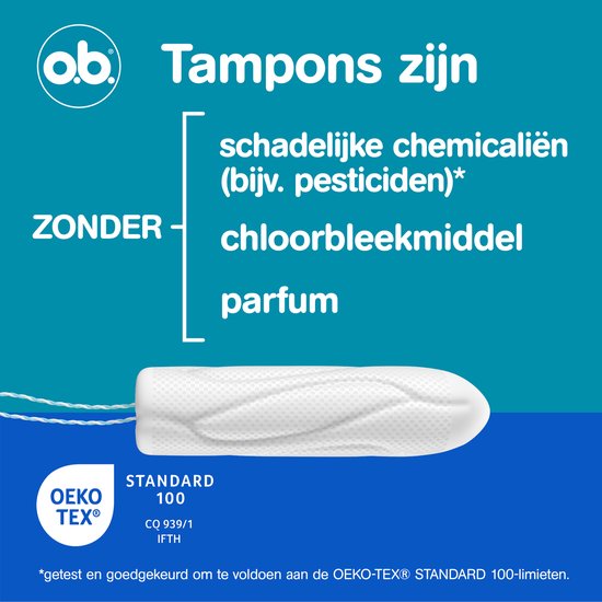 Een o.b. tampon met een vergroting van de textuur. Teksten 'Zonder schadelijke chemicaliën', 'chloorbleekmiddel', 'parfum' en 'OEKO-TEX STANDARD 100'.