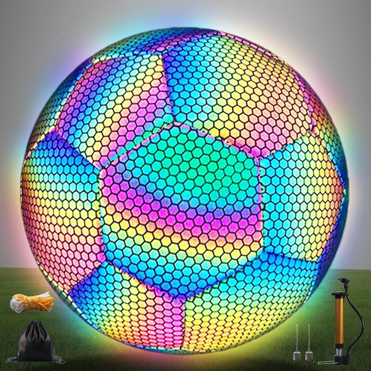 Lichtgevende voetbal maat 5 met pomp en opbergtas, perfect voor nachtspellen, holografisch en reflecterend voor kinderen en volwassenen