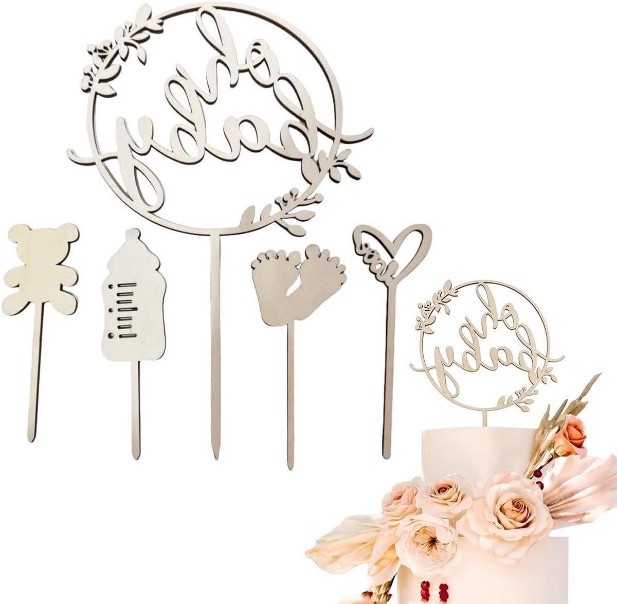 Houten Cake Topper - Baby Shower Cake Decoratie - Baby Shower Cake Snijder voor Gender Reveal en Nappy Cake Feestdecoratie