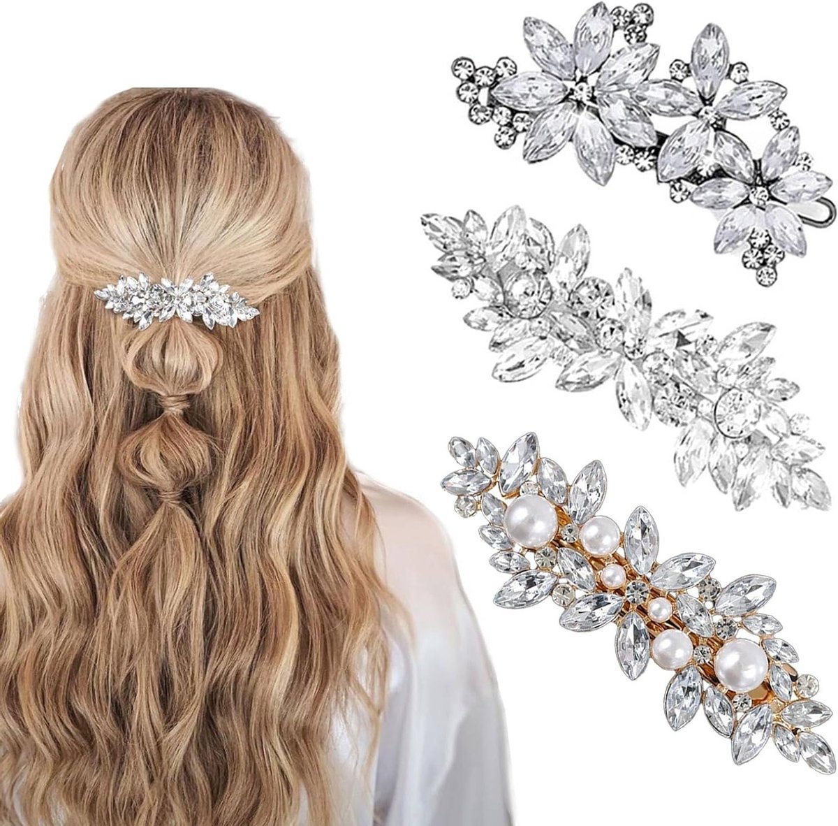 Set van 3 Haarspeldjes met Strass, Parels en Bloemmotief - Decoratieve Haaraccessoires voor Vrouwen en Meisjes, Perfect voor Bruidsmeisjes en Feestelijke Gelegenheden