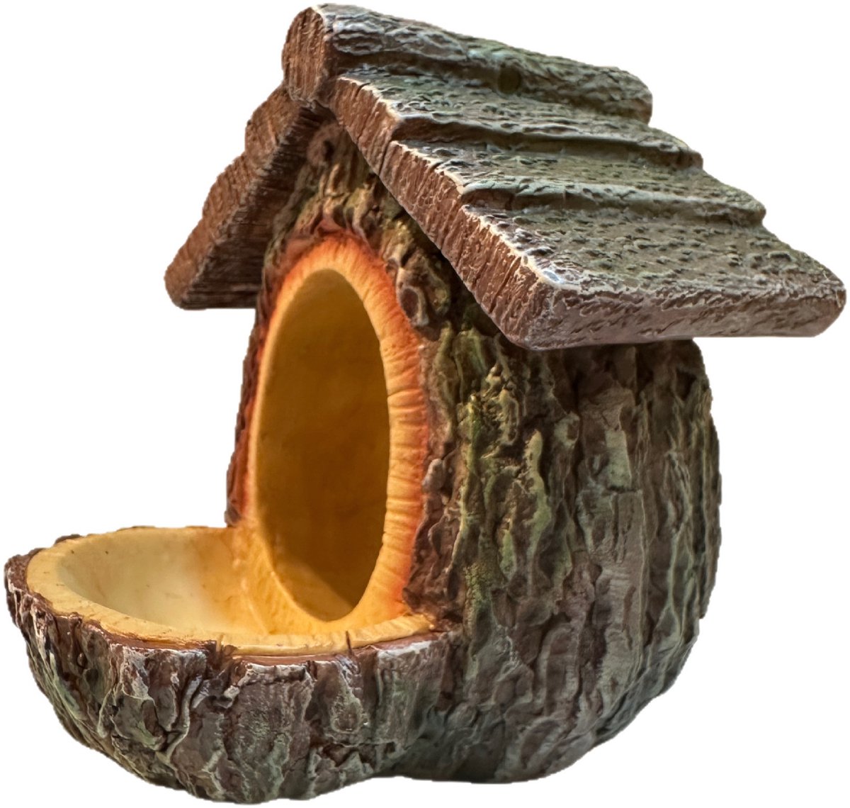 Vogelhuisje - Voederplekken - Voerdispenser voor wilde vogels - Retro Boomhut Vogelvoederhuisje - Ophangbaar Buiten Vogelvoederhuis met Open Huisvorm en Natuurlijke Houtlook van Hars - 11.5x12x9.8cm