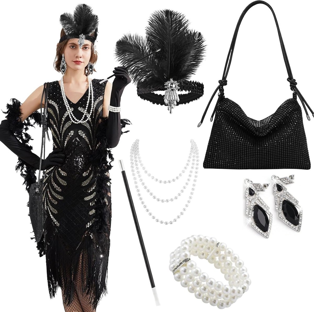 Set van 7 Zwarte Accessoires voor Vrouwen in Great Gatsby Stijl - Flapper Handtas, 1920s Charleston Kostuum voor Carnaval, Prom, Halloween en Feestdagen