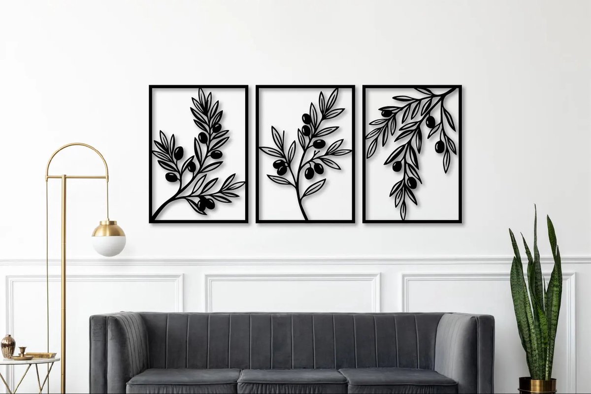 Wanddecoratie Olijftakken 100x60 cm – Set van 3 Moderne Zwarte Muurdecoraties voor Woonkamer