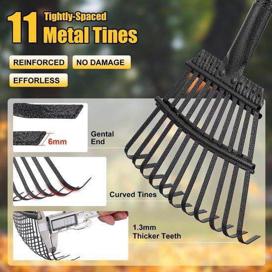 Dailygoods - Dailygoody - Tuinbladhark - 180 cm - Verstelbare stalen handgreep - 11 tanden - Geschikt voor kleine ruimtes - Voor delicate planten — afbeelding 3