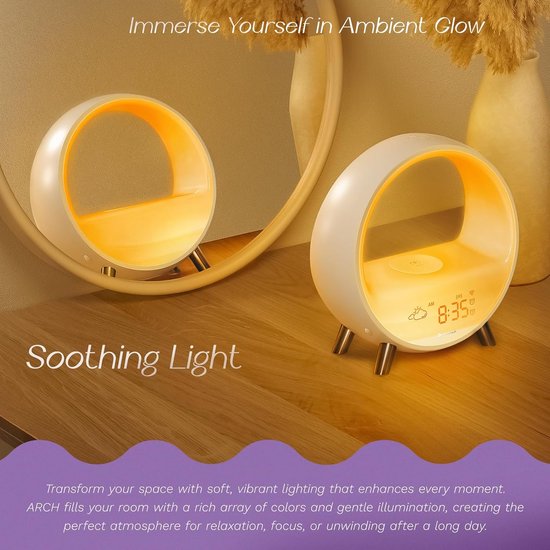 Wekker met Licht - Wake-up light Nachtlamp - Rustig Wakker Worden - 15W Draadloze Oplader - Klein - Wit — afbeelding 3