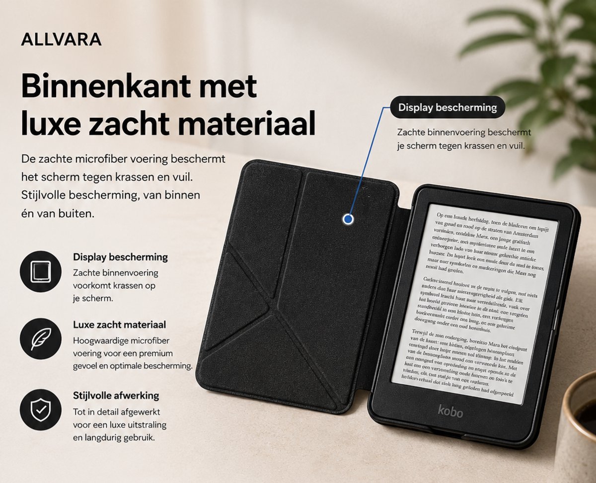 Allvara® Ereader hoes - Kobo Clara BW - Multifunctioneel - Ingebouwde standaard Trifold - Wake/Sleep Cover - 360° Bescherming - Zwart – foto 7