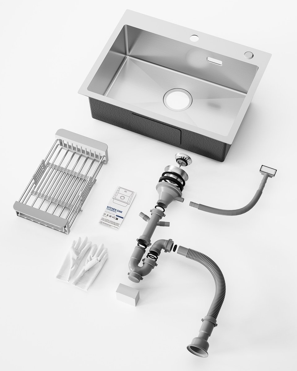 Sofetiy max Gootsteen RVS Zilver - Enkele Spoelbak Keuken - Opbouw & Vlakbouw - Met Uitschuifbaar Afdruipmandje & 360° Ruimtebesparende Sifon
