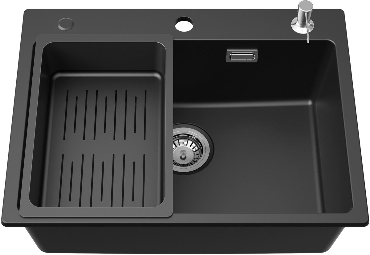Cecipa max Enkele Spoelbak met Afdruiprek - Spoelbak Keuken Zwart - Inclusief Afdruiprek & Zeepdispenser 300ml - Opbouw Wasbak - 60 x 45 x 20 cm