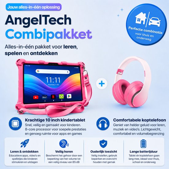 AngelTech Forfait Enfant XL PRO II - Tablette Enfant XL PRO II + Écouteurs Enfant - Forfait Discount - Rose