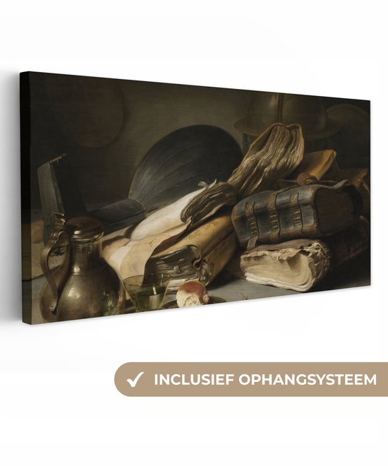 Schilderij van stilleven met boeken, luit en kan, met label: 'Inclusief ophangsysteem'.