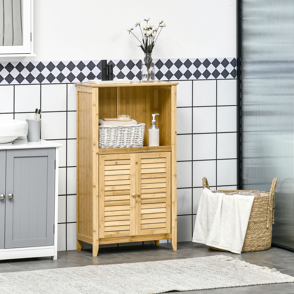 REDOM - Badkamerkast - Open Opbergrek Met Deur - Natuurlijke Stijl - Voor Badkamer En Woon