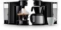 Zwarte Senseo koffiezetapparaat met filterkann en één apparaat die twee kopjes koffie zet.