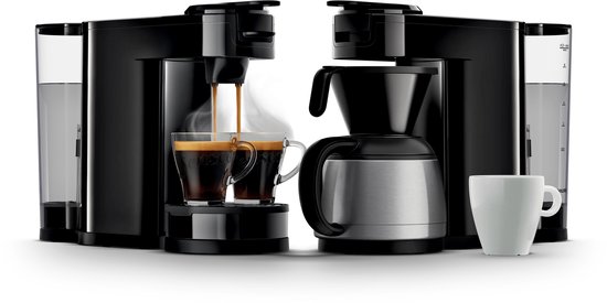 Zwarte Senseo koffiezetapparaat met filterkann en één apparaat die twee kopjes koffie zet.