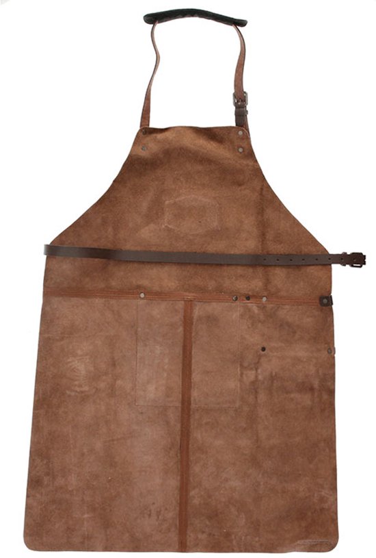 Tablier en cuir marron avec des sangles en cuir marron et une boucle sur le côté.