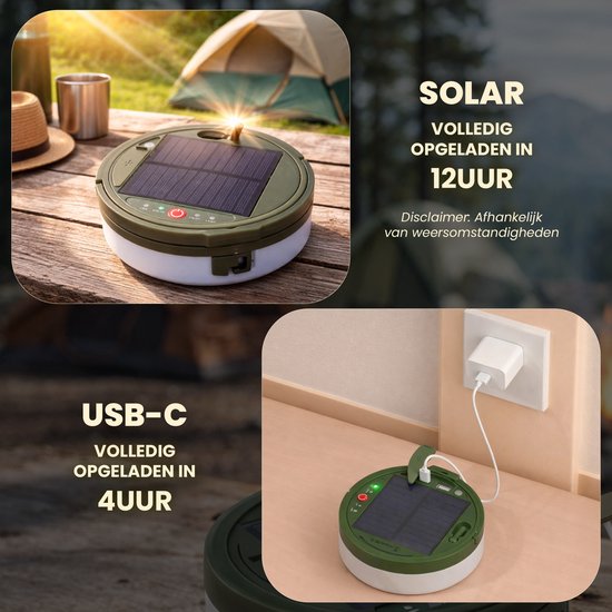 Solar campinglamp volledig opgeladen in 12 uur, USB-C in 4 uur. Zonne-energie of USB opladen.