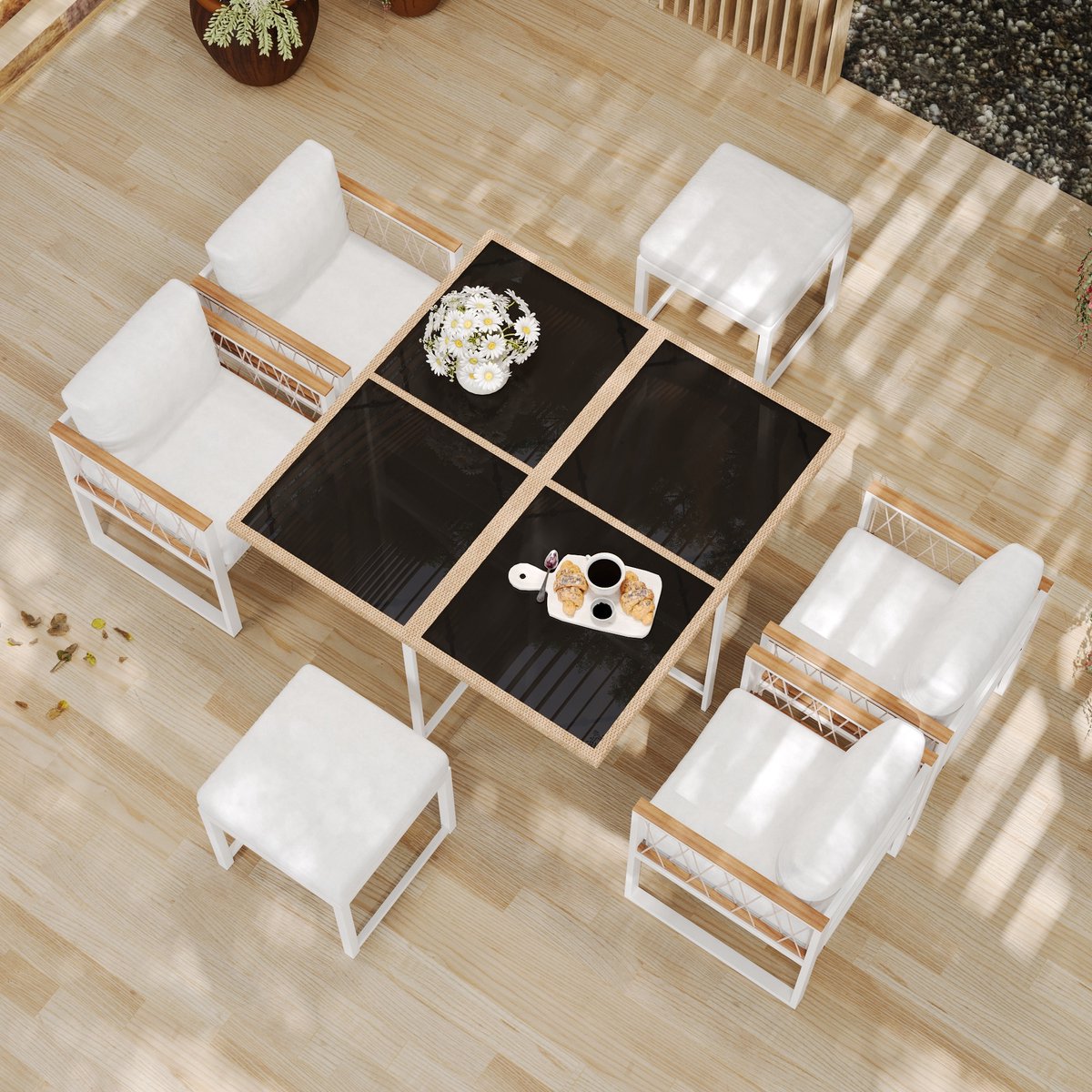 Wishdor Tuinmeubelset - Voor 6 Personen En Met Gehard Glazen Tafelblad - Modern - Voor Buiten - Metaal, Rattan En Polyester - Naturel En Wit - 117 X 117 Cm