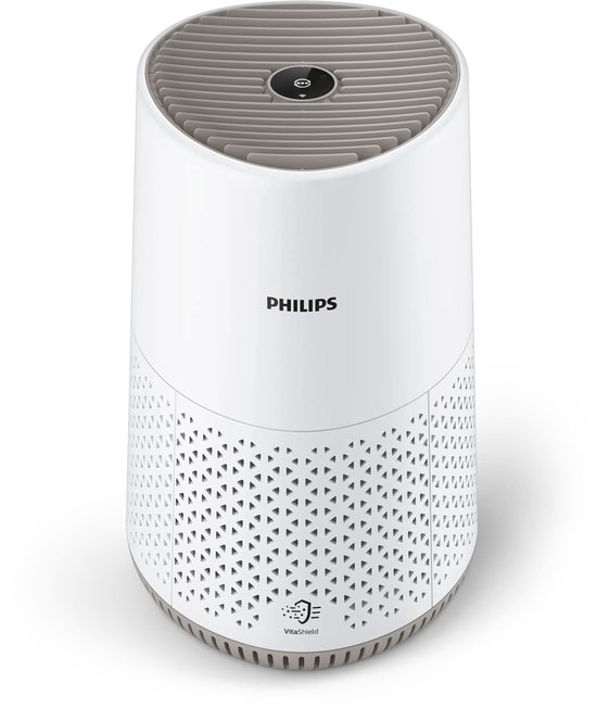 Wit Philips luchtreiniger met een gedetailleerd geperforeerd patroon op de onderkant.